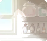 薬草の瓶が並ぶ壁