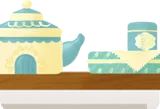 ポットと紅茶缶のある棚