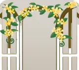 金木犀の花が絡む茶色い窓枠