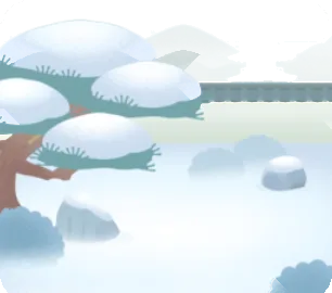 雪が積もった日本庭園の画像