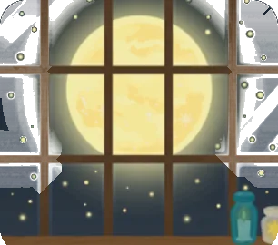 大きい満月が見える窓の画像
