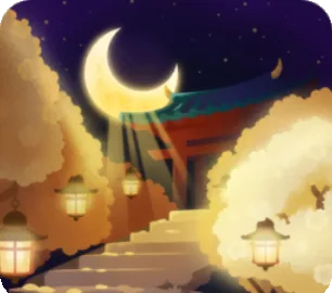 月夜にきらめく金桜と石段の画像
