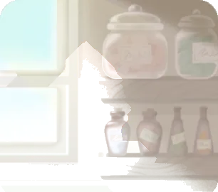 薬草の瓶が並ぶ壁の画像