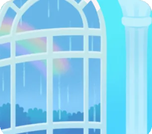 アーチ窓の雨降る部屋の画像
