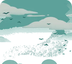 鳥の群れが通る昼の空の画像