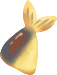 パイに突き刺さったお魚の尻尾の画像