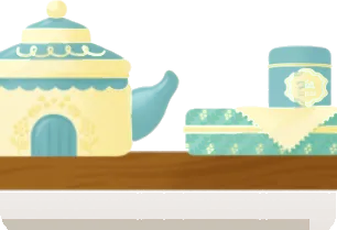 ポットと紅茶缶のある棚の画像