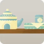 ポットと紅茶缶のある棚